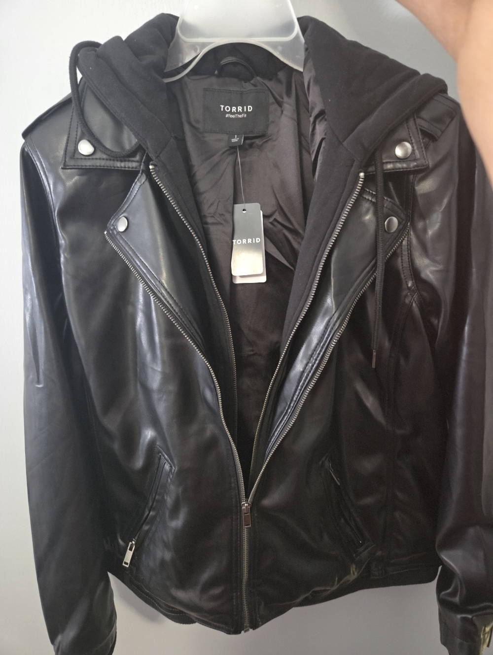 Torrid Black Faux Leather Moto Jacket with Detachable Hoodie. NWT Size 1
